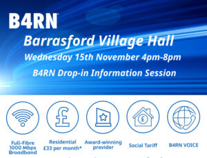 Read more about the article Barrasford Village Hall DROP IN meeting – THIS coming Wednesday 15th Nov 4-8pm – School goes online with B4RN – Fibre Blowing to first homes this week!