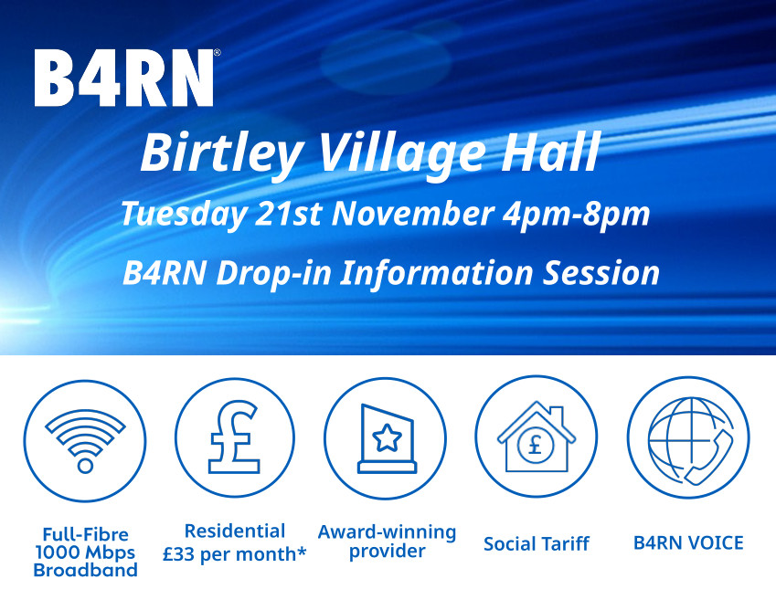 You are currently viewing B4RN is coming to BIRTLEY Village Hall -THIS TUESDAY 21th Nov 4-8pm – for a DROP IN session to answer any of your questions.